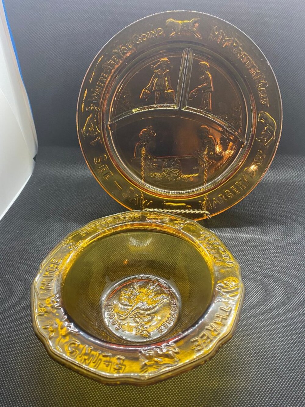 Tiara Mother Goose Plate and Bowl Nursery Rhyme set. Amber